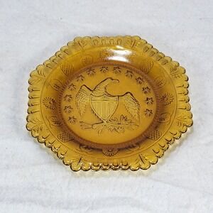 Amber Indiana 8" Glass Dish American Eagle Stars Patriotic Anniversary USA 1970s